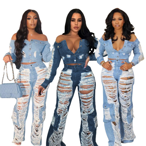 Fashion casual distressed denim pants