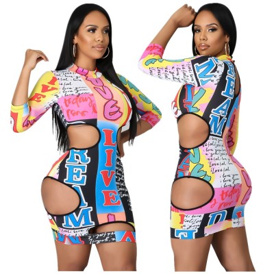 Printed hollow button sexy dress