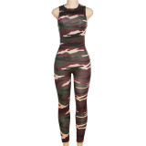 Women's sleeveless printed camouflage slim fitting high waisted sports jumpsuit