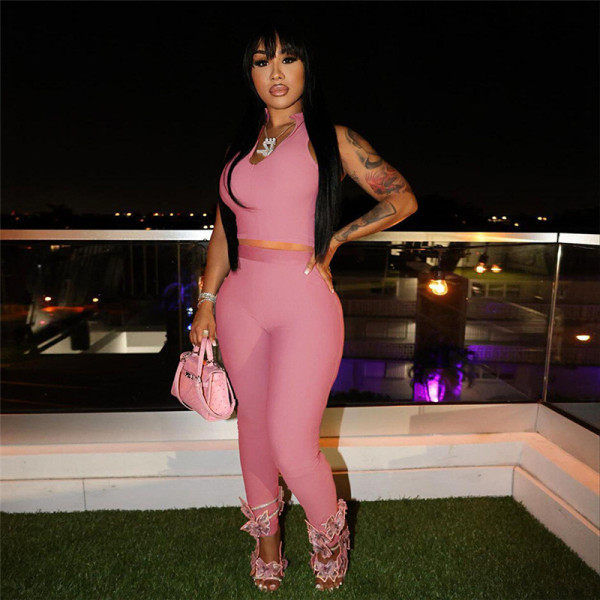 Women's casual sexy sleeveless Crop top high waist hip lifting trousers suit