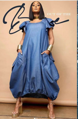 Imitation denim large pocket loose fitting dress