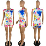 Printed tie dyed lace up shorts set