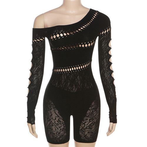 Women's sexy hollow out tight knit perspective high waisted casual jumpsuit shorts