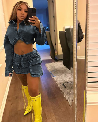 3D pocket elastic Denim skirt suit