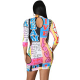 Printed hollow button sexy dress