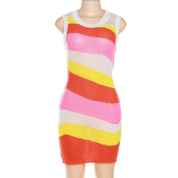 Sexy Sleeveless Contrast Knitted High Waist Slim Fit Short Dress