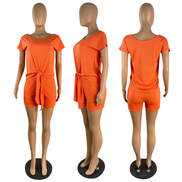 Loose Round Neck Short Sleeve Self Tie Two Piece Set