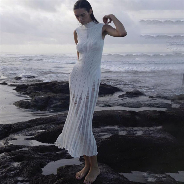 Sexy Sleeveless Knitted High Neck High Waist Slim Fit Long Dress