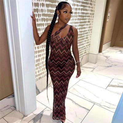 Sexy Perspective Mesh Print Slim Fit Oblique Shoulder Dress
