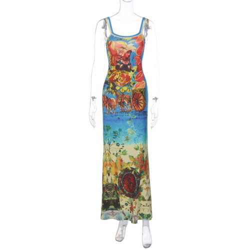 Fashionable temperament, personalized print, one line neck, strap dress