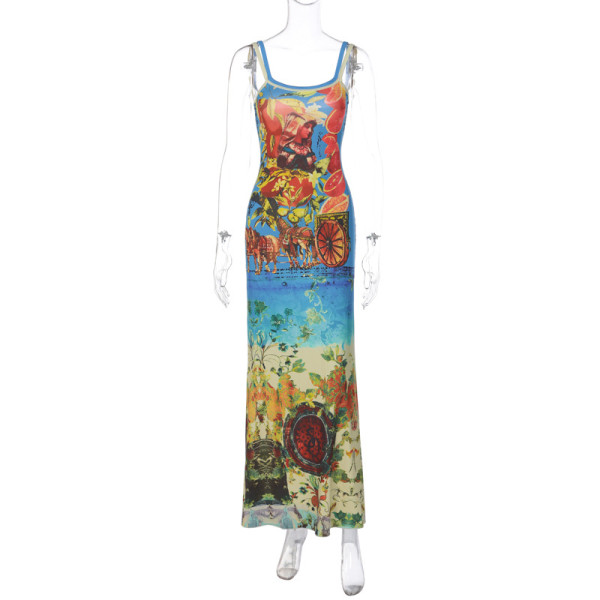 Fashionable temperament, personalized print, one line neck, strap dress