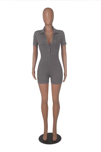 Women's solid color lapel ribbed tight casual jumpsuit