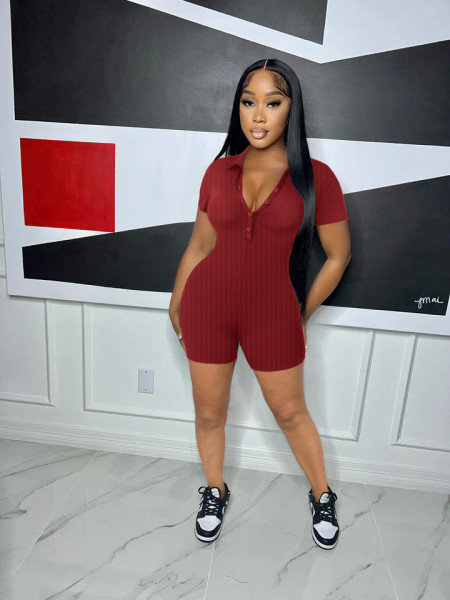 Women's solid color lapel ribbed tight casual jumpsuit