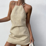Cotton and linen dress with open back and sexy spicy girl hanging neck tie up A-line skirt