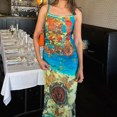 Fashionable temperament, personalized print, one line neck, strap dress