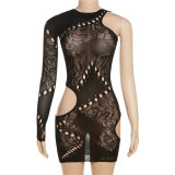 Fashionable jacquard hollowed out single sleeve round neck high waisted slim fitting short one piece skirt