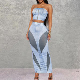 Open navel, open back, sleeveless printed skirt set