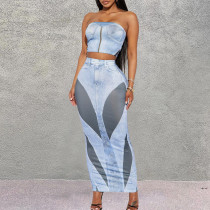 Open navel, open back, sleeveless printed skirt set