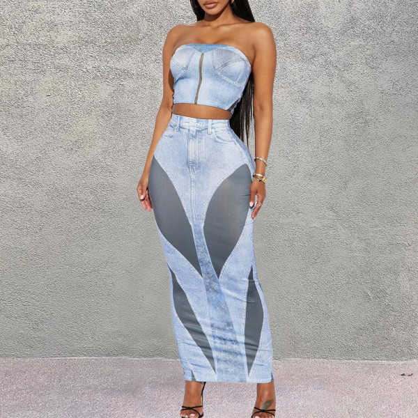 Open navel, open back, sleeveless printed skirt set