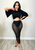 Pleated buttocks wrapped mesh sexy slim fitting long skirt two-piece set