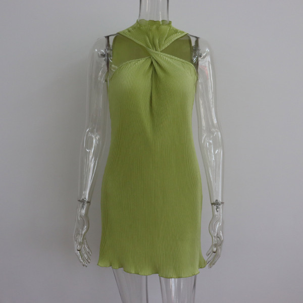 Round Neck Twisted Off Shoulder Short Skirt Pleated Sexy Dress