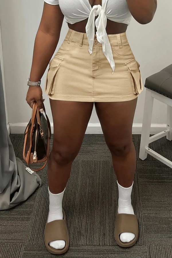 High waisted slimming solid colored work clothes pocket sexy skirt