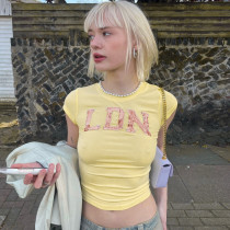 Fashion Street Personality Bead Embroidered Round Neck Short Sleeve Open Navel T-shirt Top