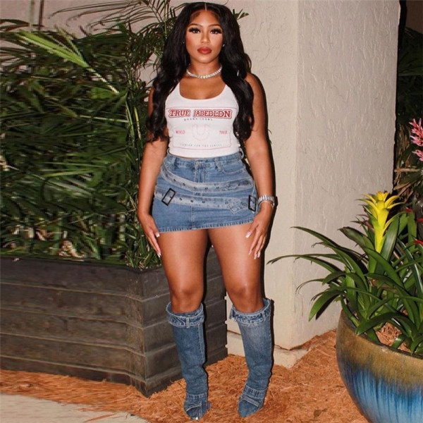 Fashionable Washed Street Spicy Girl Sexy Wrapped Hip Denim Skirt