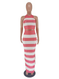 Striped printed slit skirt two-piece set