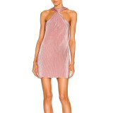 Round Neck Twisted Off Shoulder Short Skirt Pleated Sexy Dress