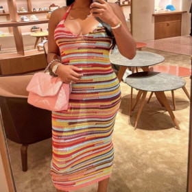 Fashionable, Sweet, Digital Printing Sexy Low Cut Lace Up Off Back Slim Fit Dress