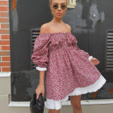 Printed Dress Fashion Bubble Sleeve Square Neck Slim A-line Dress Fragmented Flower Dress
