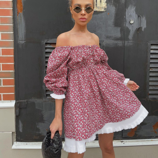 Printed Dress Fashion Bubble Sleeve Square Neck Slim A-line Dress Fragmented Flower Dress