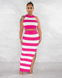 Striped printed slit skirt two-piece set