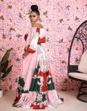 Large Women's Fat mm Flower Print Off Shoulder Short Two Piece Set Large Swing Floor Skirt