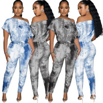 Fashion drawstring waist imitation denim printed diagonal shoulder jumpsuit