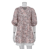 Plant printed doll neck waist up short sleeved skirt French dress