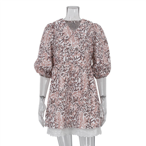 Plant printed doll neck waist up short sleeved skirt French dress