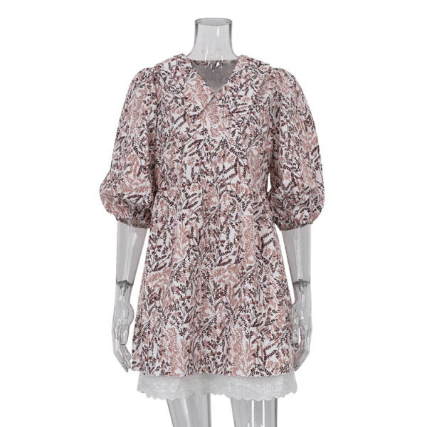 Plant printed doll neck waist up short sleeved skirt French dress
