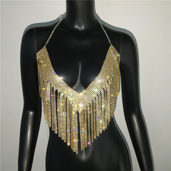 Hot Flash Rhinestone Hot Girls Metal Glass Nightclub Neck Strap Tassel Sexy Open Back Camisole