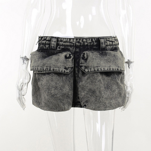 Low rise punk waistband denim skirt versatile mini skirt