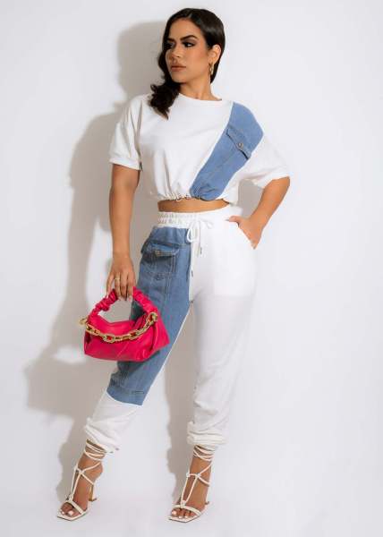 Denim combination casual sports set