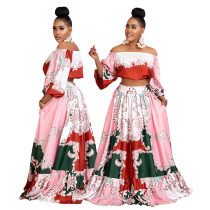 Large Women's Fat mm Flower Print Off Shoulder Short Two Piece Set Large Swing Floor Skirt Large Women's Fat mm Flower Print Off Shoulder Short Two Piece Set Large Swing Floor Skirt
