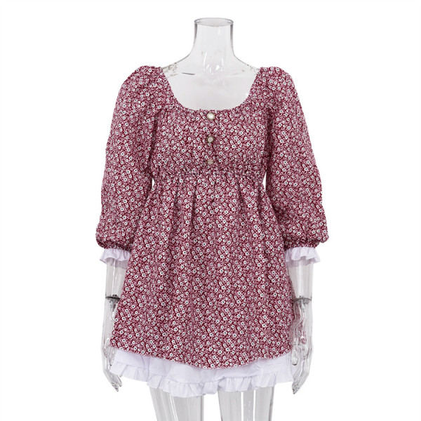 Printed Dress Fashion Bubble Sleeve Square Neck Slim A-line Dress Fragmented Flower Dress