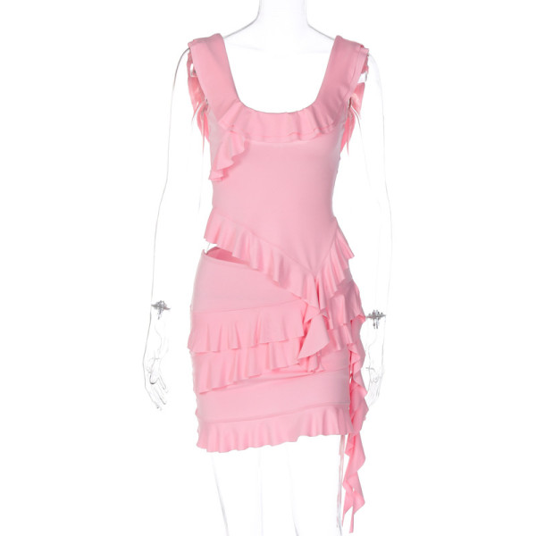 Women's U-neck ruffle top half skirt two-piece set
