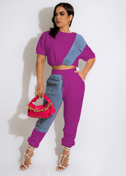 Denim combination casual sports set
