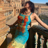 Fashionable temperament, personalized print, one line neck, strap dress