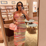 Fashionable, Sweet, Digital Printing Sexy Low Cut Lace Up Off Back Slim Fit Dress