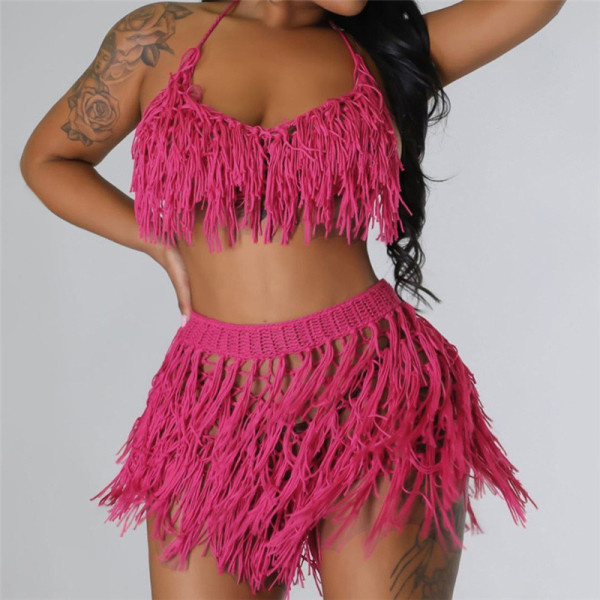 Fashionable Tassel Sexy Spicy Girl Wrapped Chest Perspective High Waist Wrapped Hip Shorts Set