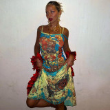 Fashionable temperament, personalized print, one line neck, strap dress